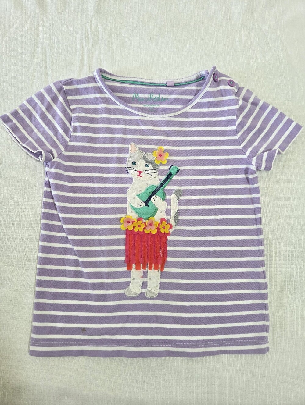 Mini Boden Lavender and White Striped Tee Hawaiian Cat Appliqué 4t 5t Girl